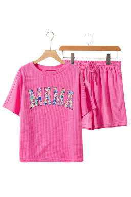 Rose Red Waffle MAMA Graphic Tee & Drawstring Shorts Set