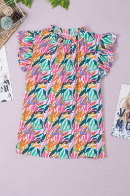 Rose Red Abstract Print Ruffled Flutter Shoulder Blouse