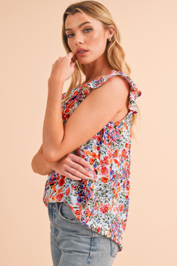 Rose Red Boho Floral Square Neck Flutter Sleeveless Top