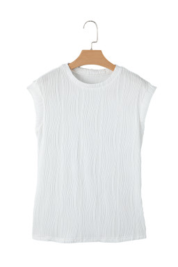 White Wavy Textured Cap Sleeve Top