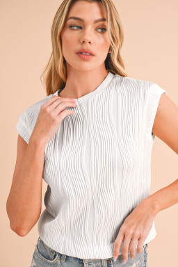 White Wavy Textured Cap Sleeve Top