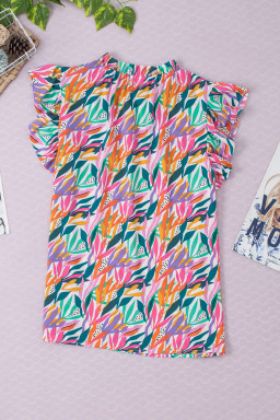 Rose Red Abstract Print Ruffled Flutter Shoulder Blouse