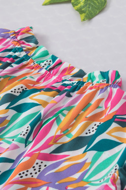 Rose Red Abstract Print Ruffled Flutter Shoulder Blouse