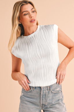 White Wavy Textured Cap Sleeve Top