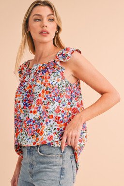 Rose Red Boho Floral Square Neck Flutter Sleeveless Top
