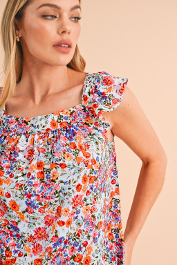 Rose Red Boho Floral Square Neck Flutter Sleeveless Top