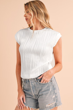 White Wavy Textured Cap Sleeve Top