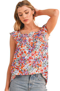 Rose Red Boho Floral Square Neck Flutter Sleeveless Top