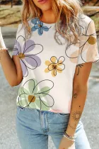 Beige Summer Flower Print Round Neck T Shirt