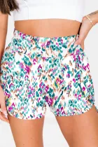 Light Blue Abstract Print Smocked High Waisted Athletic Shorts