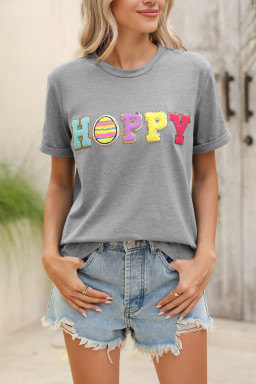 Gray Easter Egg HAPPY Chenille Letter Graphic T Shirt