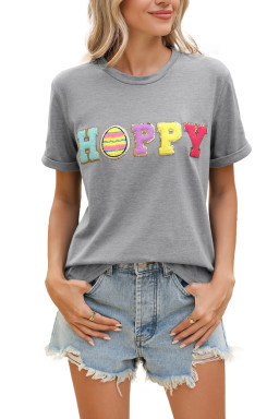 Gray Easter Egg HAPPY Chenille Letter Graphic T Shirt