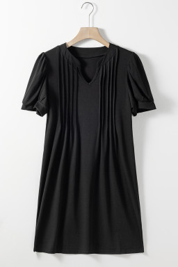 Black Notched Neck Puff Sleeve Pleated T Shirt Dress