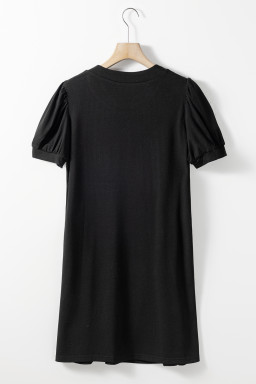 Black Notched Neck Puff Sleeve Pleated T Shirt Dress