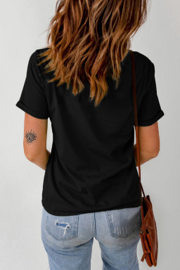 Black Sequin Bow Knot Graphic Roll Up Sleeve T Shirt