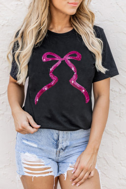 Black Sequin Bow Knot Graphic Roll Up Sleeve T Shirt