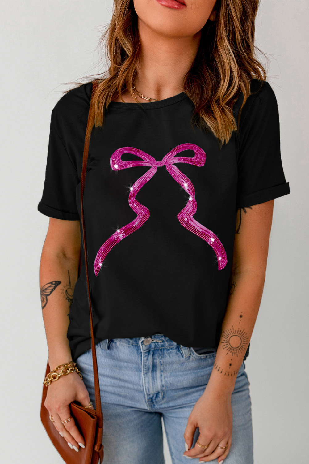 Black Sequin Bow Knot Graphic Roll Up Sleeve T Shirt