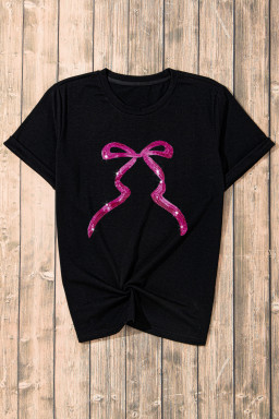 Black Sequin Bow Knot Graphic Roll Up Sleeve T Shirt