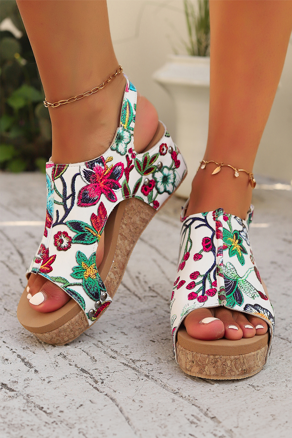 Burgundy Red Floral Platform Heel Sling Back Sandals