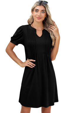 Black Notched Neck Puff Sleeve Pleated T Shirt Dress