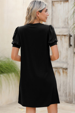 Black Notched Neck Puff Sleeve Pleated T Shirt Dress