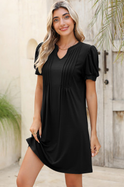 Black Notched Neck Puff Sleeve Pleated T Shirt Dress