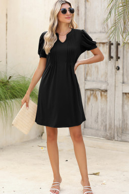 Black Notched Neck Puff Sleeve Pleated T Shirt Dress