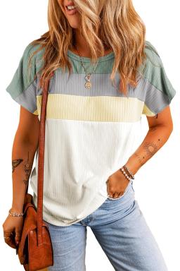 Moonlight Jade Ribbed Color Block Patchwork T shirt