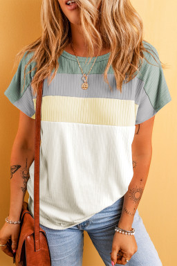 Moonlight Jade Ribbed Color Block Patchwork T shirt