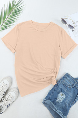 Khaki Solid Color Crew Neck Roll Up Sleeve Tee