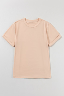 Khaki Solid Color Crew Neck Roll Up Sleeve Tee