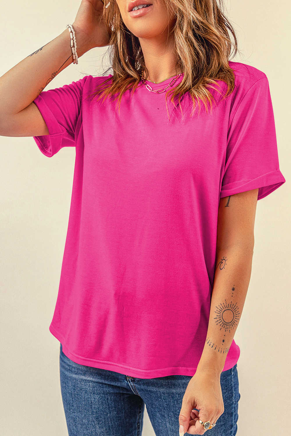 Rose Red Solid Color Crew Neck Roll Up Sleeve Tee