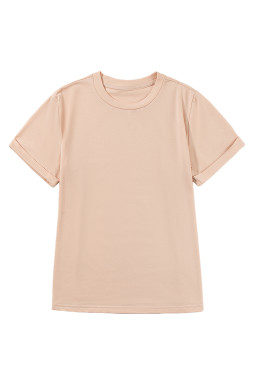 Khaki Solid Color Crew Neck Roll Up Sleeve Tee