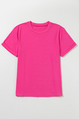 Rose Red Solid Color Crew Neck Roll Up Sleeve Tee