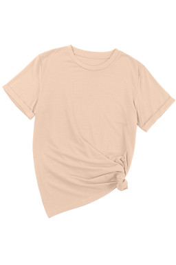 Khaki Solid Color Crew Neck Roll Up Sleeve Tee