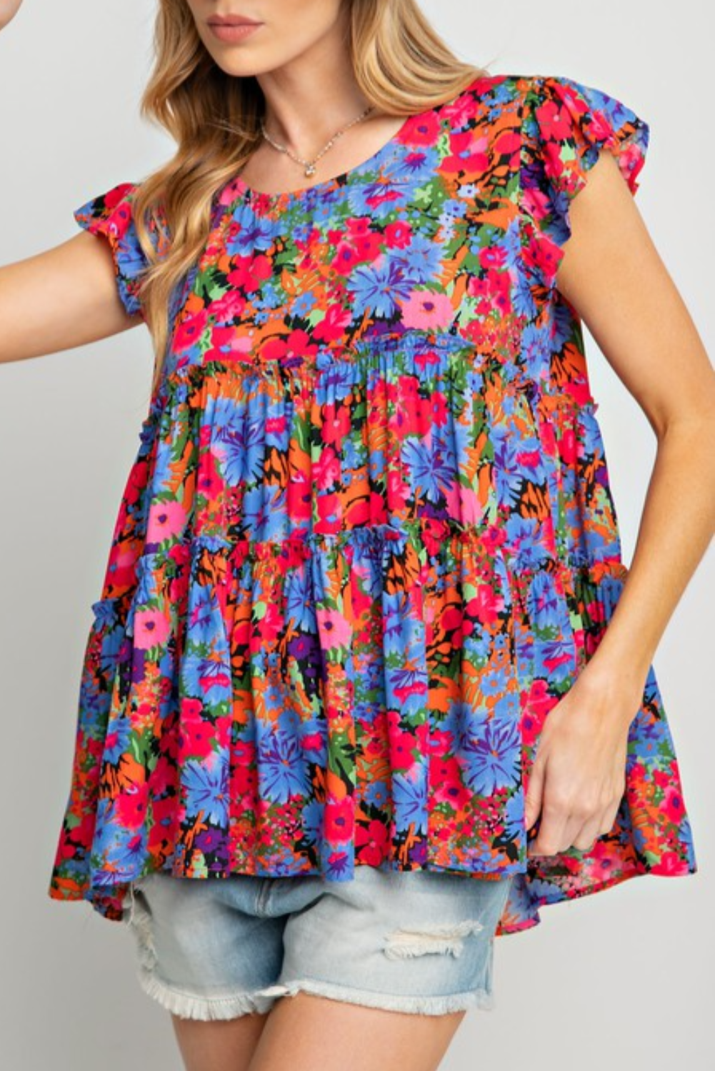 Multicolor Floral Print Ruffle Tiered Short Sleeve Babydoll Blouse