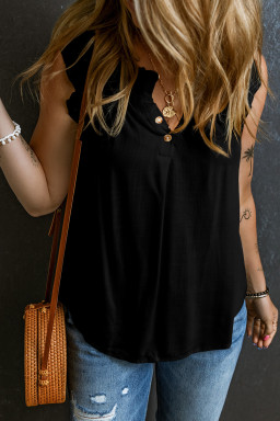 Black Button Split Neck Frill Detail Sleeveless Top