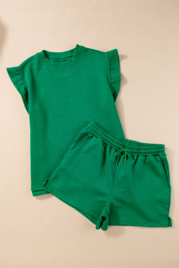 Dark Green Textured Ruffle Split Top and Drawstring Shorts Set