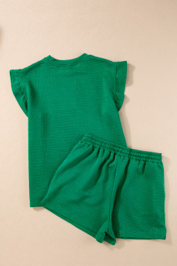 Dark Green Textured Ruffle Split Top and Drawstring Shorts Set
