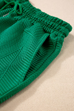 Dark Green Textured Ruffle Split Top and Drawstring Shorts Set