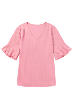 Peach Blossom Solid Color Textured V Neck Short Sleeve Plus Size Blouse