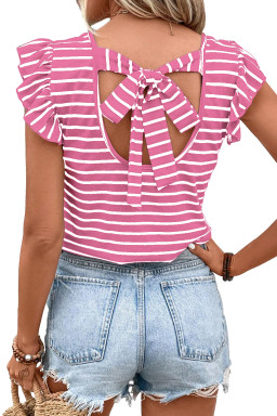 Pink Stripe V Neck Knotted Backless Ruffle T Shirt