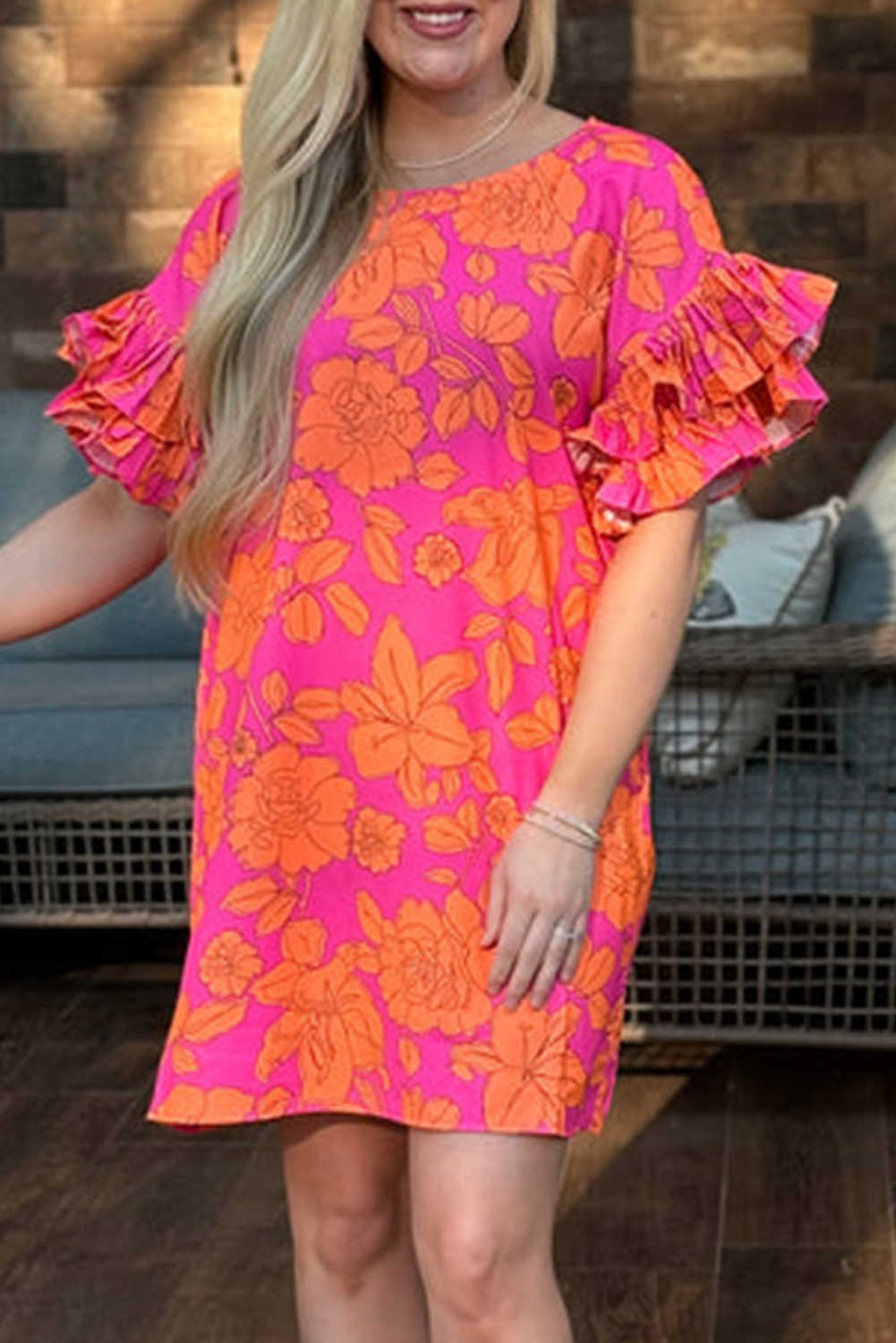 Pink Floral Print Loose Layered Ruffle Sleeve Short Dress