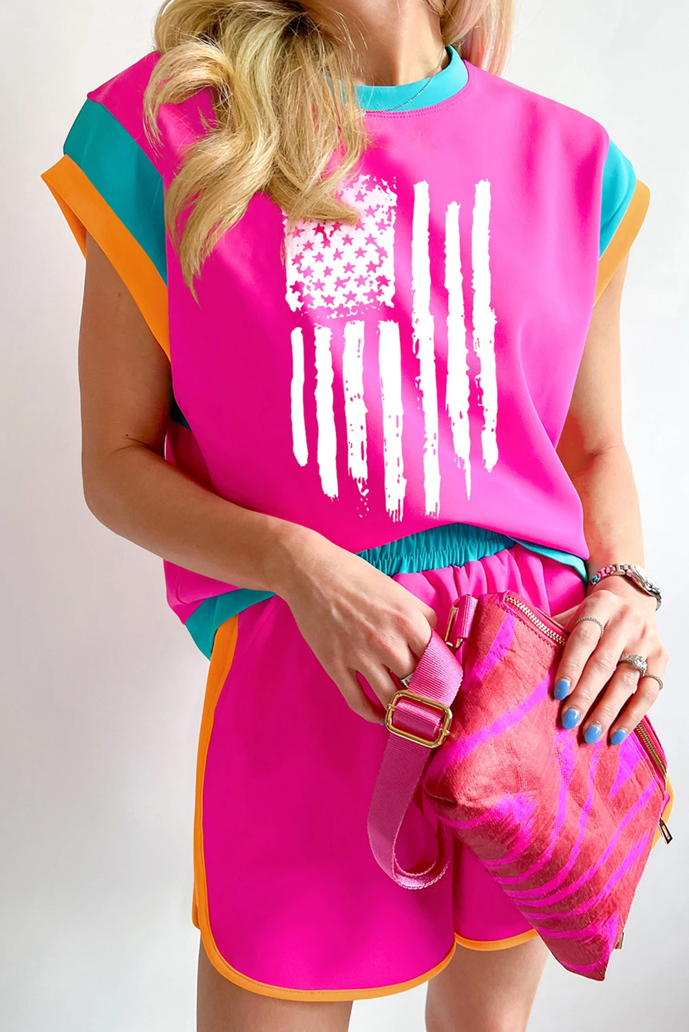 Rose Red Color Block USA Flag Graphic Loose Fit Shorts Set