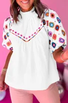 White Geometric Embroidered Smocked Neck Puff Sleeve Top