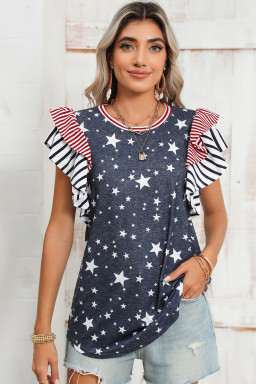 Gray Striped Ruffled Sleeve Star Print T Shirt