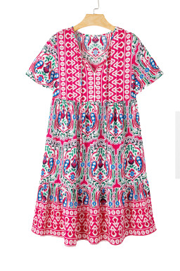 Pink Bohemian Tie Neck Flounce Sleeve Ruffle Hem Mini Dress