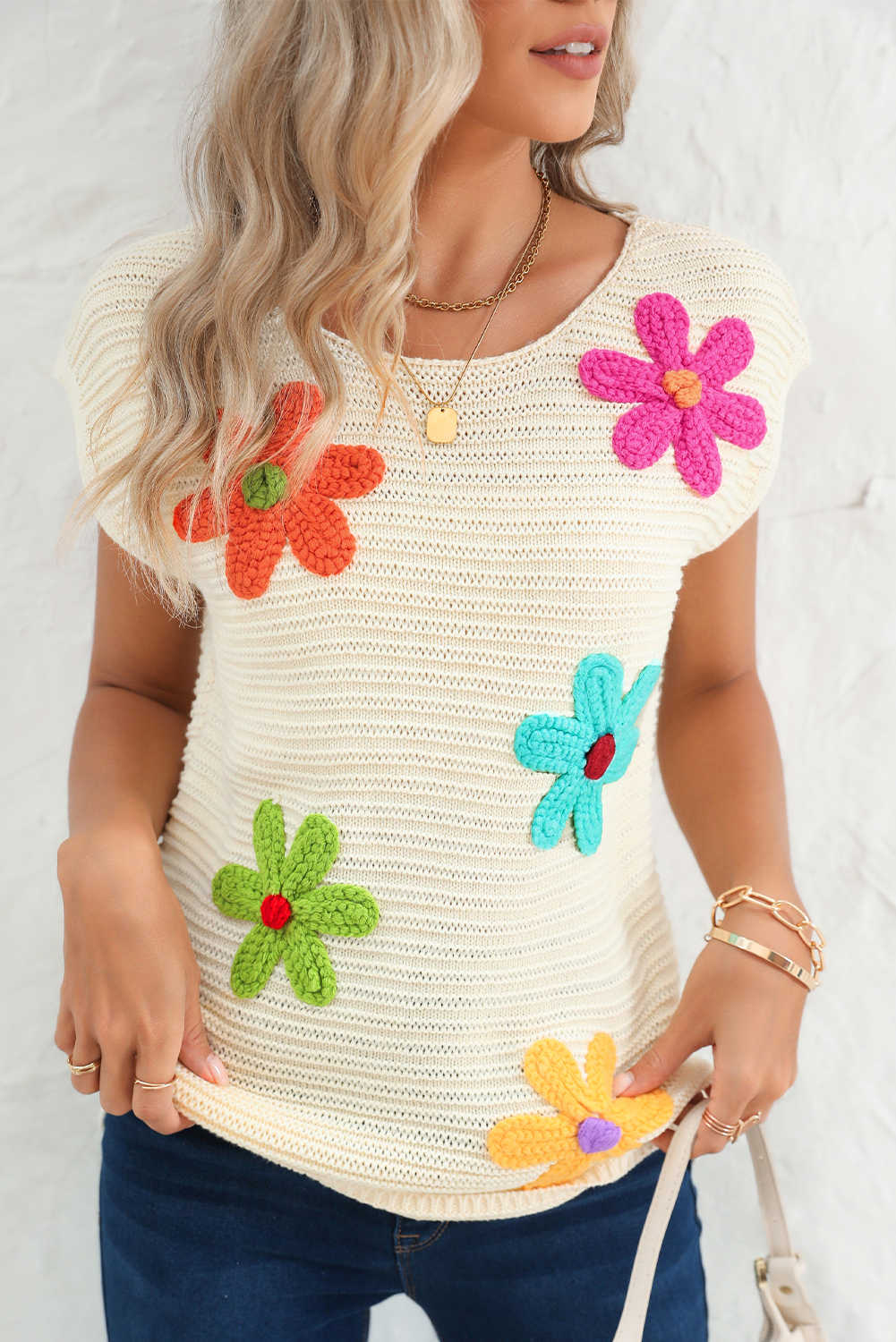 Top de punt de ganxet de flors de colors blancs