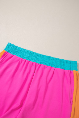 Rose Red Color Block Loose Fit Top and Elastic Waist Shorts Set