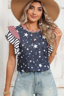 Gray Striped Ruffled Sleeve Star Print T Shirt